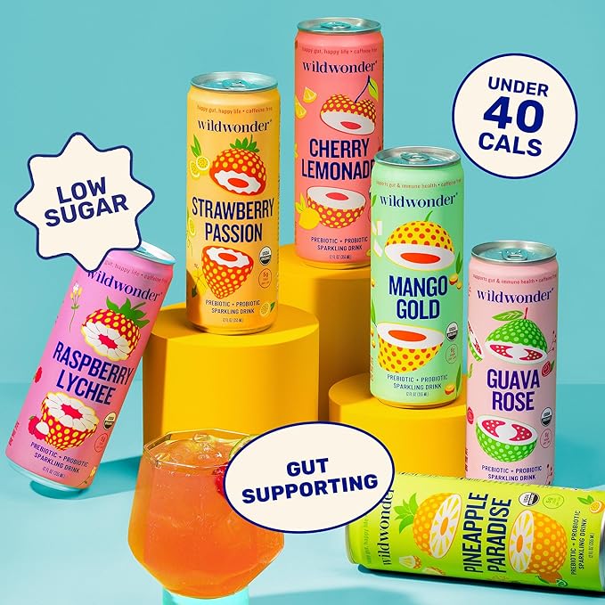 NEW! wildwonder Sparkling Probiotic Drink 12pk, For Gut Health & Immune Support, Cherry Lemonade, 5g Prebiotic Fiber, Live Probiotics, Organic, Vegan, Low Sugar, 12 Pack, 12oz Can, Seen on Shark Tank