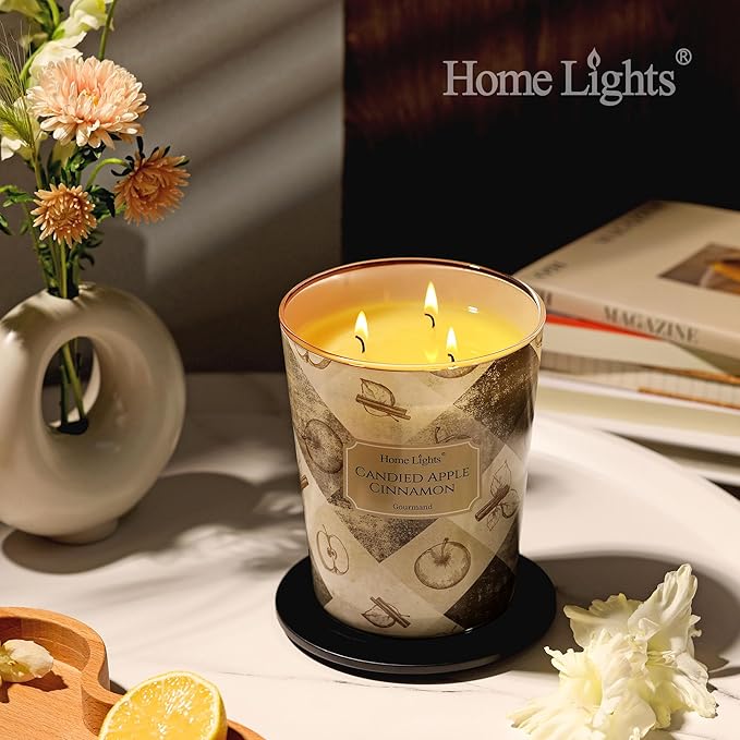 HomeLights 3-Wick Candles for Home Scented - 34oz Soy Wax Blend Candle Long-Lasting Fragrance, Rustic Modern Home Decor and Housewarming Gifts, Candied Apple Cinnamon