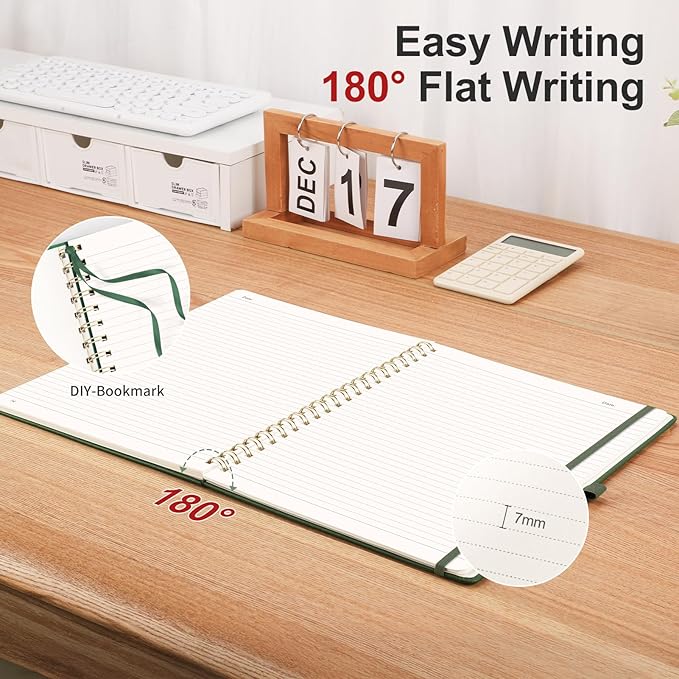 AHGXG Lined Spiral Journal Notebook, B5 Large Notebooks for Women Men, 140 Pages Hardcover Leather Notebook College Ruled, 100 GSM Paper, Notebooks for Work School Note Taking, 7.6" x 10", Green