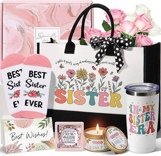Best Sisters Gifts for Christmas Sister Gifts from Brother Sis, Birthday Gift Set for Sister-in-Law Soul Sisters, Funny Friendship Gift for Women Unique Bestie Retro Basket for w/Canvas Tote Bag