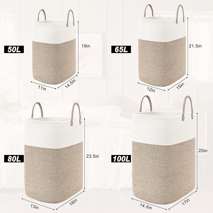 65L Woven Laundry Basket for Clothes, Large Rectangle Laundry Hampers with Beads Tassel, Nursery Storage Basket for Toys, Tall Dirty Clothes Hamper for Bedroom Aesthetic, Laundry Room Organization