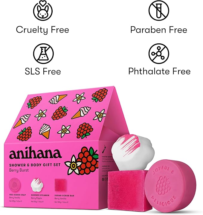 ANIHANA Berry Burst Shower & Body Gift Set with Shower Steamer, Body Scrub Bar, and Feel-Good Soap