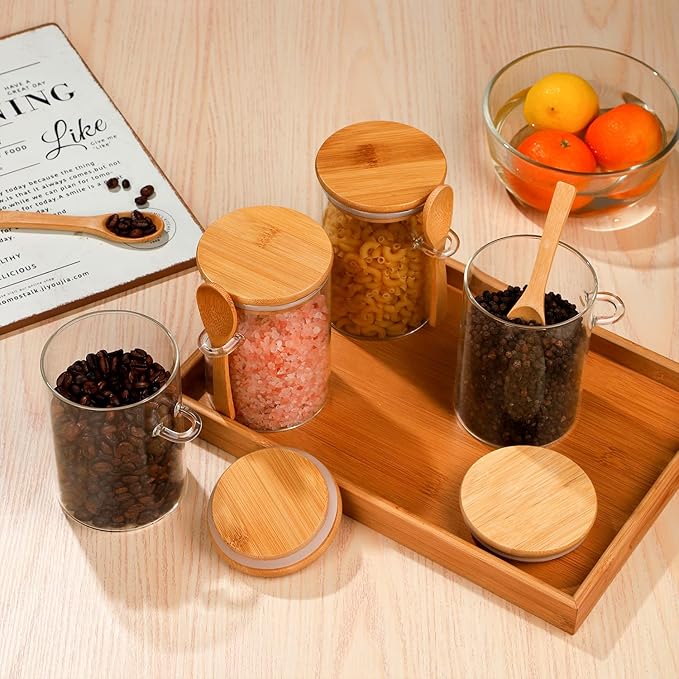 WHJY Glass Glass Jar with Lid and Spoon, Airtight Glass Jars bamboo lids, overnight oats jars, Dog Treat Jar for Pet, Glass Candy Cookies Coffee Canister Jar Bath Salt Container - 20 oz (1)