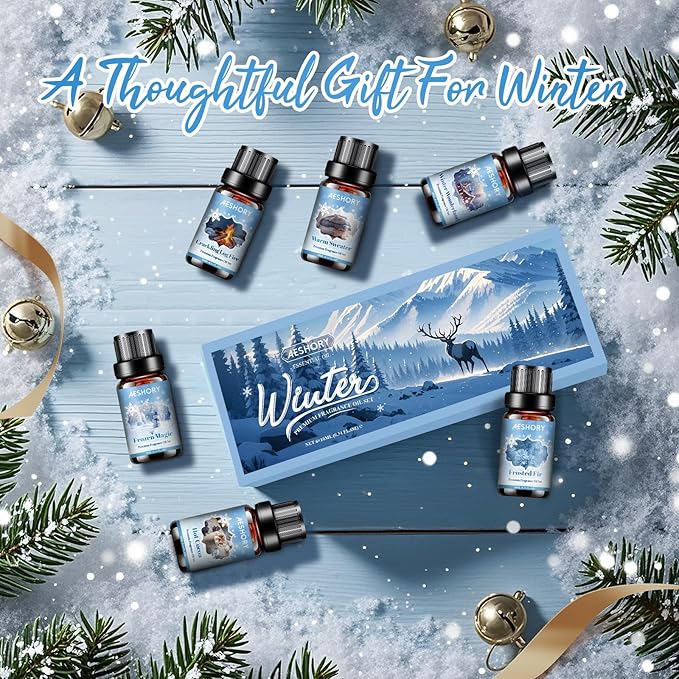 Winter Essential Oils Set, 6 Premium Holiday Fragrance Oil for Diffuser, Candle & Soap Making, Frozen Magic, Winter Wonderland, Hot Cocoa, Frosted Fir, Warm Sweater, Log Fire, Scented Oils for Home