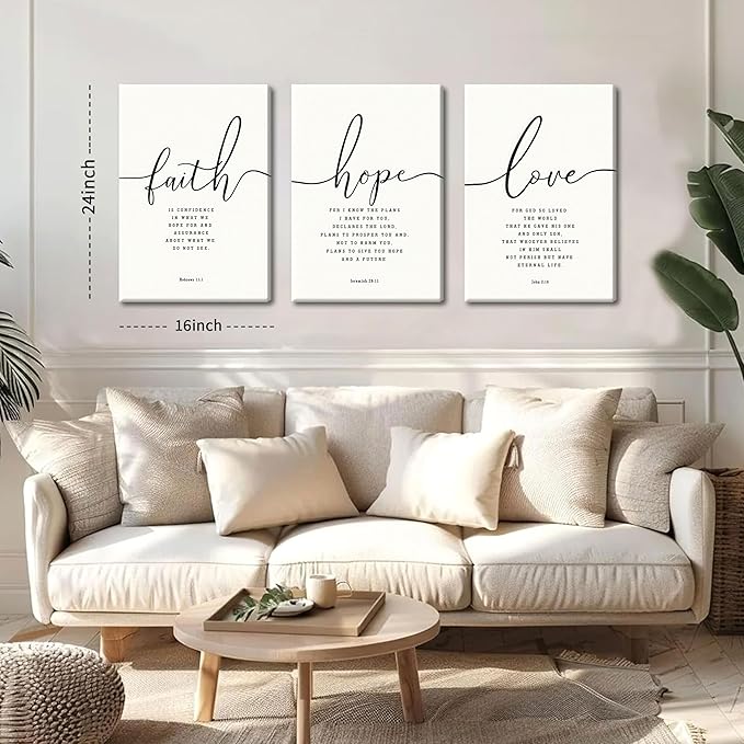 Farmhouse Bible Verses Wall Decor for Living Room - Minimalist Christian Scripture Wall Art Set of 3, Faith Hope Love Canvas Prints Religious Decor for Bedroom Office 16x24 inch Framed