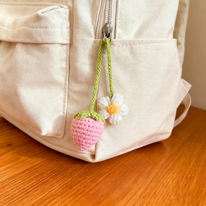 2 Pcs Strawberry Mirror Hanging Pendants, Kawaii Crochet Handmade Polyester Fiber Car Accessories for Women, Cute Car Decor Charm for Rearview Mirror,Decorations Gifts for Her