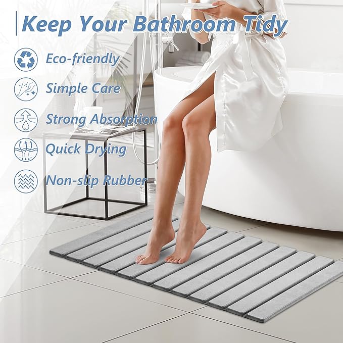 AWW Foldable Stone Bath Mat, Super Absorbent Diatomaceous Earth Mats, Non-Slip 31.5×15.7 Inch Quick Drying Mat, Compact and Easy to Store Bath Mats for Bathroom, Easy to Clean, Light Grey