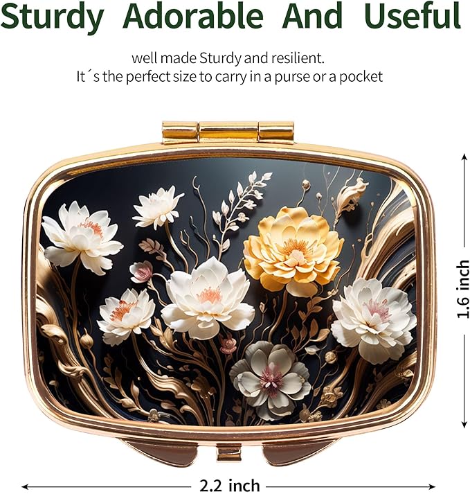 Dynippy Pill Case Pill Box with Mirror Retro Pocket 2 Compartment Medicine Case Vitamin Pill Organizer for Pocket Purse and Travel (Gold- Flower 1)