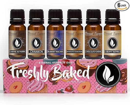 Eternal Essence Oils Freshly Baked Set of 6 Premium Fragrance Oils - Includes Blueberry Pancakes, Caramel Nut Muffin, Butterscotch Cookie Dough, Cinnabon, Chocolate Fondue, and Creamy Nutmeg - 10ML
