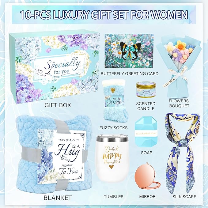 Birthday Gifts for Women Friendship Self Care Package Gifts for Women Get Well Soon Gift Baskets Relaxing Blanket Gifts Box for Sister Mom Wife Friend Her Fantasy Box (Blue)