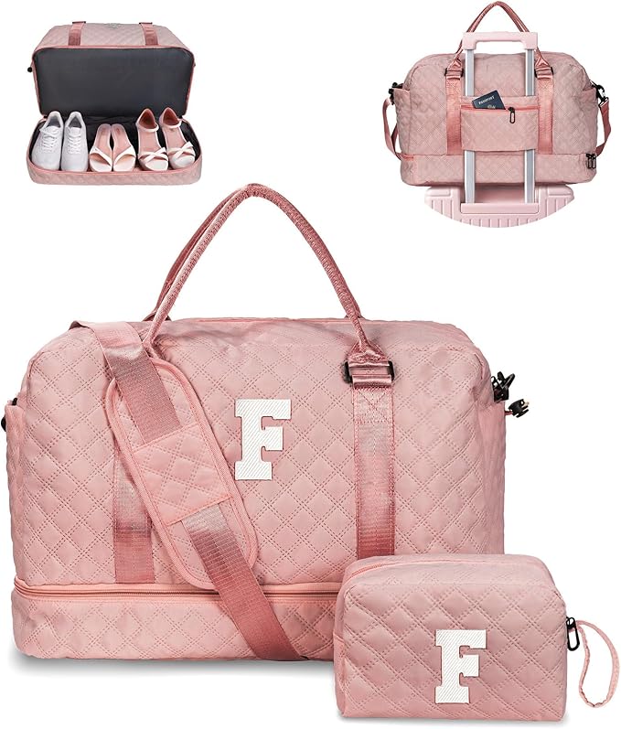 Gifts for Mom-Initial Duffle Bag with Shoe Compartment, Personalized Weekender Bag, Monogram Overnight Bag, Letter Travel Bag with Makeup Bag，Personalized Gifts Idea for Women Her (Letter F)