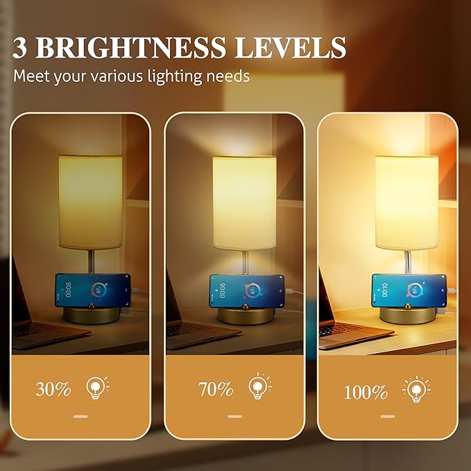Briever Touch Control Table Lamp for Bedroom, 3-Way Dimmable Nightstand Lamp with USB Charging Ports, Bedside Desk Lamp with Gold Phone Stand & Round Linen Fabric Shade, Bulb Included