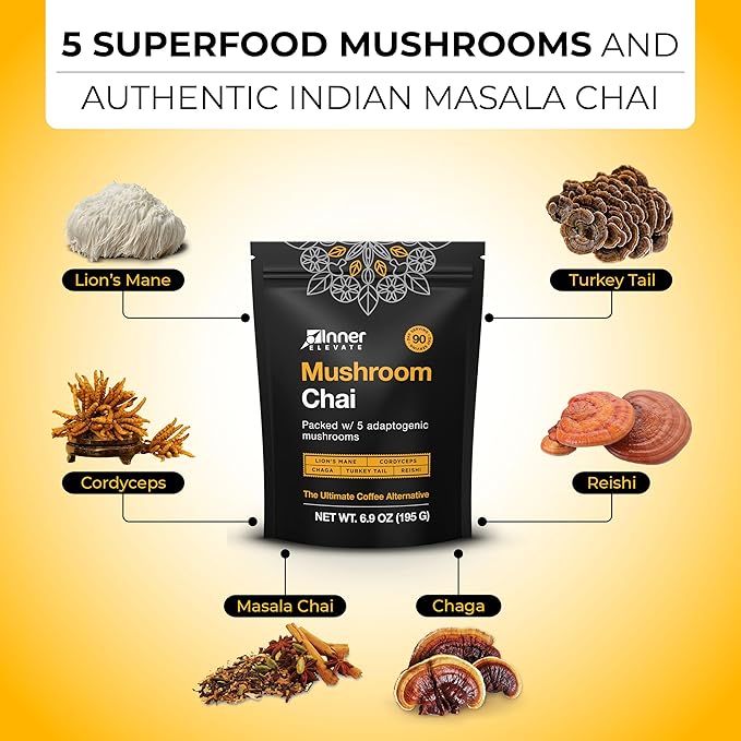 Inner Elevate Mushroom Chai - Ultimate Coffee Alternative - Adaptogenic Mushroom Tea Drink with Lion's Mane, Cordyceps, Chaga, Reishi, Turkey Tail (90 Servings)