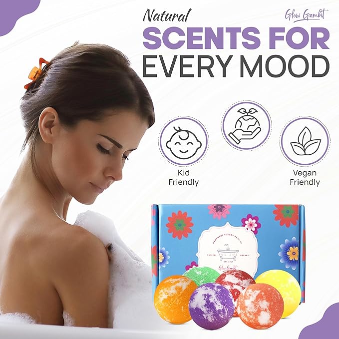 Bath Bombs Gift Set, 6 Large Natural Handmade Fruity & Floral Scent Bubble Bath Bombs for Women, Men, Kids, with Shea Cocoa Butter, Sea Salt, Eucalyptus - Perfect for Spa Gifts idea for Her/Him