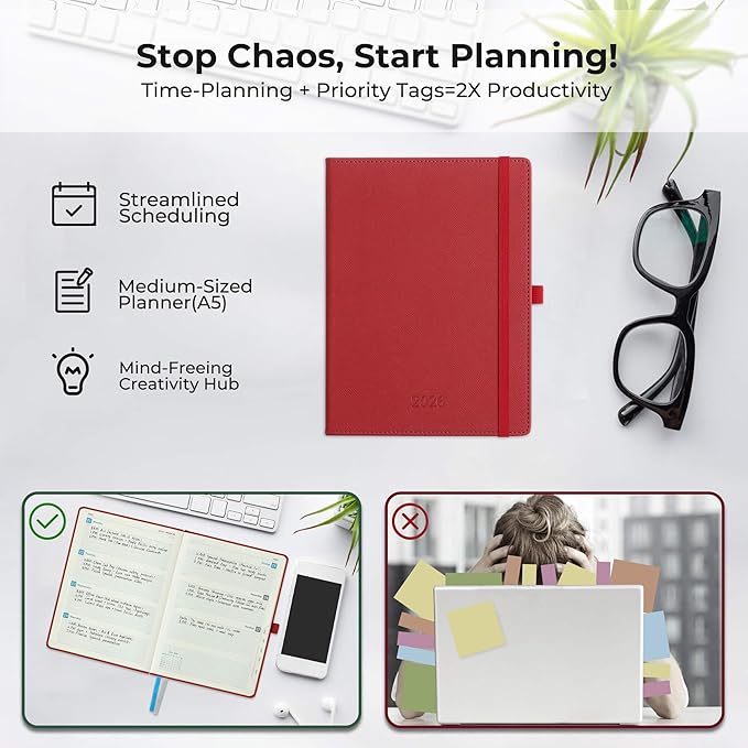 IN-LUXPRO Weekly Monthly 2026 Planner (Jan.26-Dec.26),8.5"x6.5",12 Months Agenda Plan with Month Tabs & Pocket,Expenses/Note Pages, Appointment Book Calendar with Hardcover Vegan Leather Cover,Red