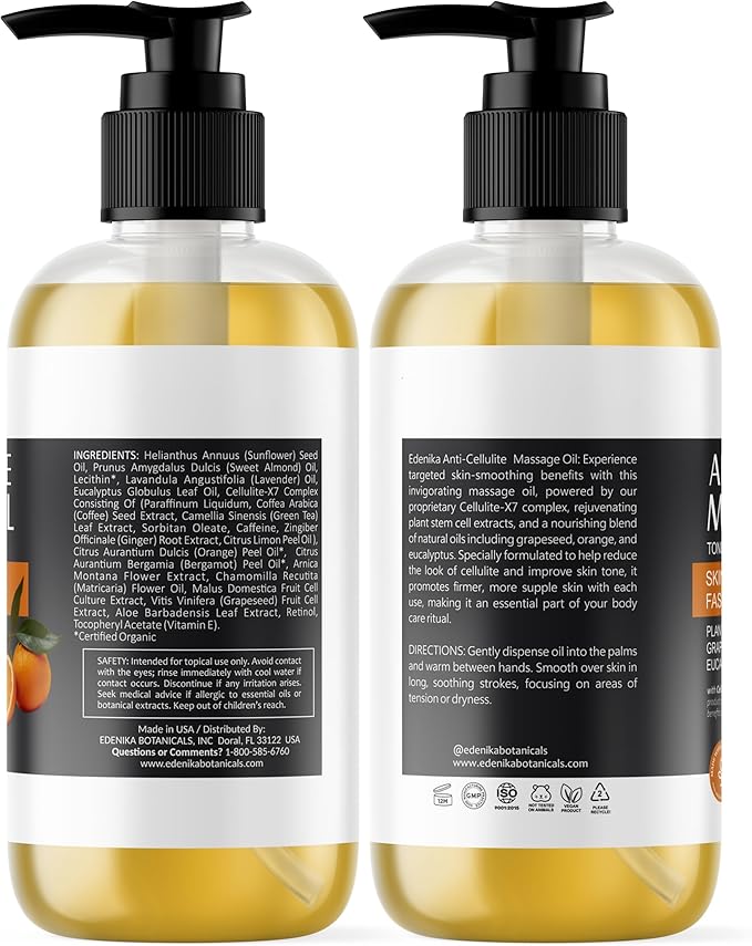 Firming Body Massage Oil, Anti Cellulite Massage Therapy Oil with Retinol & Stem Cells for Body, Legs, Thighs & Butt, Tightens, Relaxes & Hydrates Skin, 2-Pack