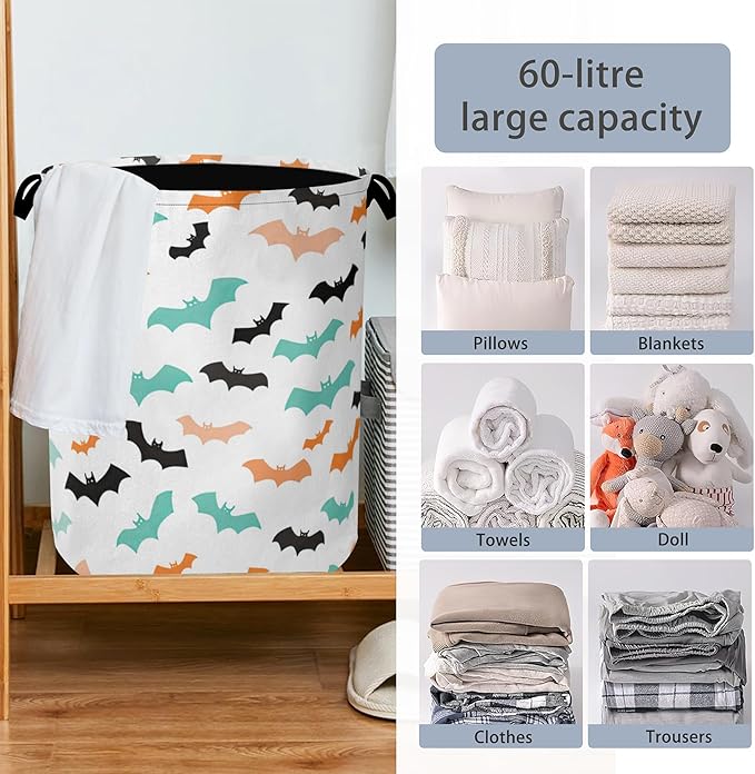 Colorful Bats Laundry Basket,Halloween Foldable with Handles Tote Bag Oxford Cloth for Bathroom Bedroom Dirty Clothes Storage Bucket 16" x 20.8"
