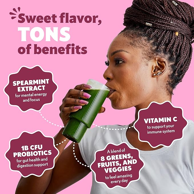 Amazing Grass Sweet Greens and Superfoods Powder for Digestive Health, Greens Powder, Digestive Enzymes, Probiotics, Spirulina, Chlorella, Summer Berry, 30 Servings