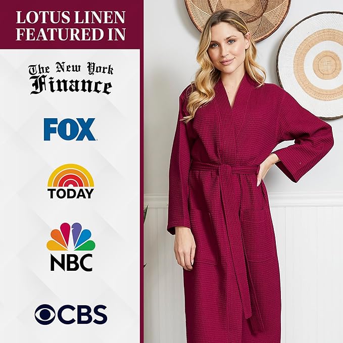 Lotus Linen Waffle Robes for Women - Lightweight Cotton Kimono Bathrobe - Long Soft Spa Bath Robe