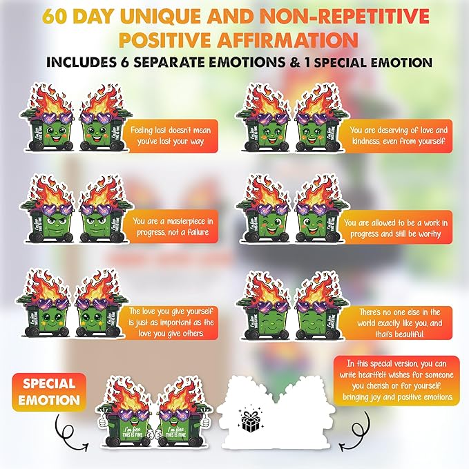 Positive Dumpster Fire Jar – Funny Desk Accessory with 60 Daily Affirmations for Self Care & Mindfulness, Emotional Support Dumpster Fire Gift for Office Coworkers, Unique Zen Desk Decor
