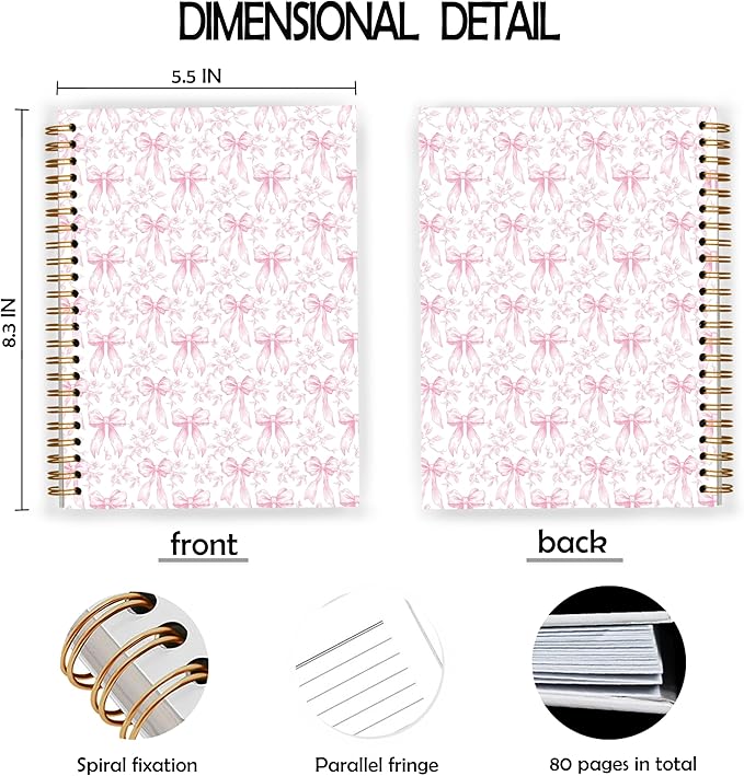 Coquette Pink Bow Spiral Notebook, Chinoiserie Floral Notebooks for Note Taking, Trendy Preppy Journal for Writing, Girly Aesthetic Journal Journaling, 5.5x8.3 Inch
