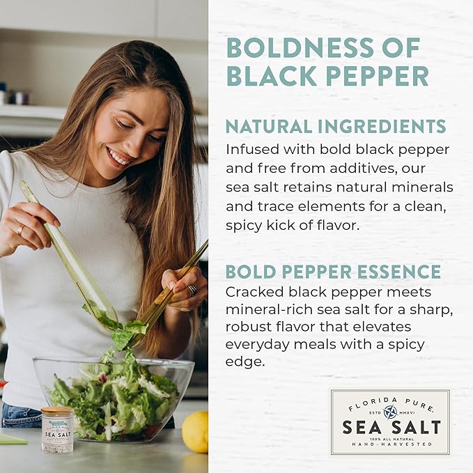 FLORIDA PURE Black Pepper Sea Salt - 80+ Mineral Sea Salt, Natural, Unrefined, Non Iodized - for Baking, Cooking, Seasoning & Enhancing Taste - Rich Taste Flaky Sea Salt (4.5 oz Jar)