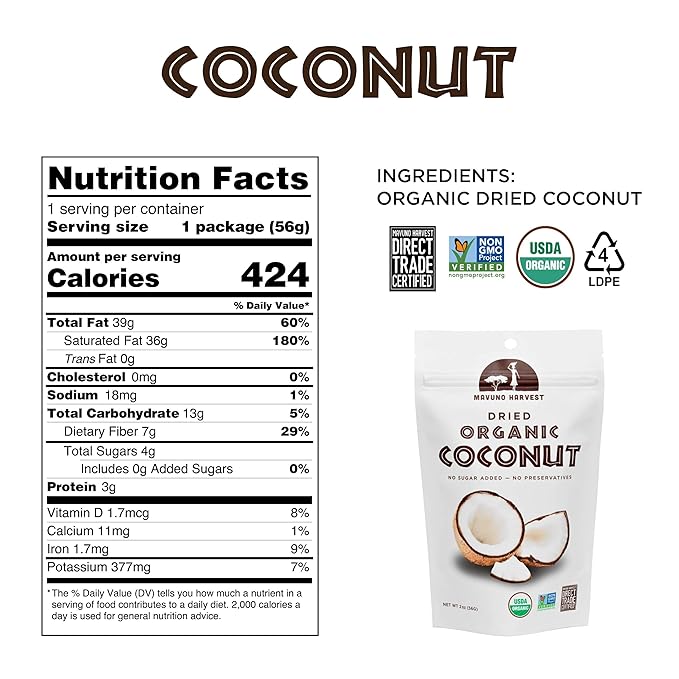 Mavuno Harvest Coconut Chips Dried Fruit Snack | Unsweetened Organic Dried Coconut Strips | Gluten Free Snack | Healthy Snacks for Kids and Adults | Vegan, Non GMO, Direct Trade | 2 Ounce, Pack of 3