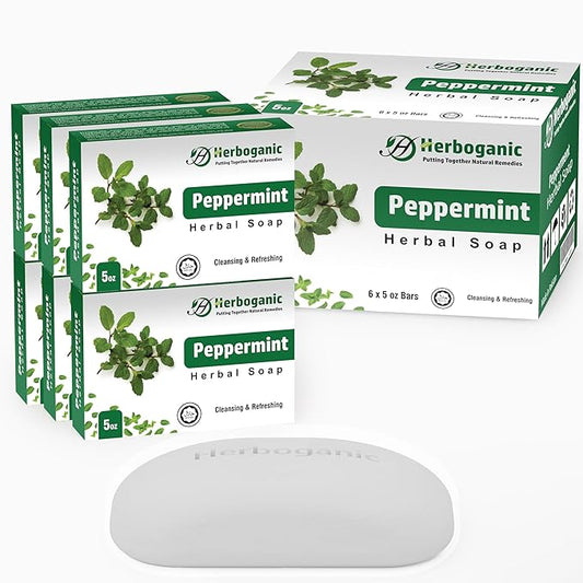 HERBOGANIC Peppermint Herbal Soap | Pack of 6 of 5oz soap Bar | Ideal for Men and Women, Soothing and Nourishing Soap for Moisturization