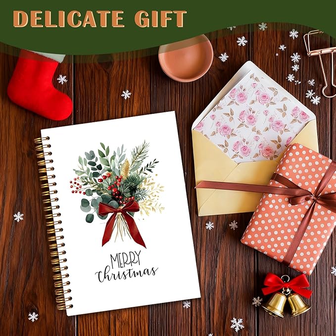 Exqcom Christmas Eucalyptus Holly Spiral Notebook Gifts, Coquette Red Bow Berries Botanical Plant Journal for Women, Merry Christmas Hardcover Notebook Journal Office School Supplies, 5.5x8.3 Inch