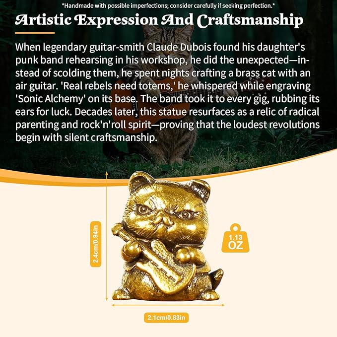 Fierce Rocker Cat Brass Statue - 100% Solid Handcast Guitar Player Sculpture, Vintage Music Lover Gift for Desk, Unique Collectible Animal Art, Handmade Heavy Metal Decor for Musicians & Cat Lovers