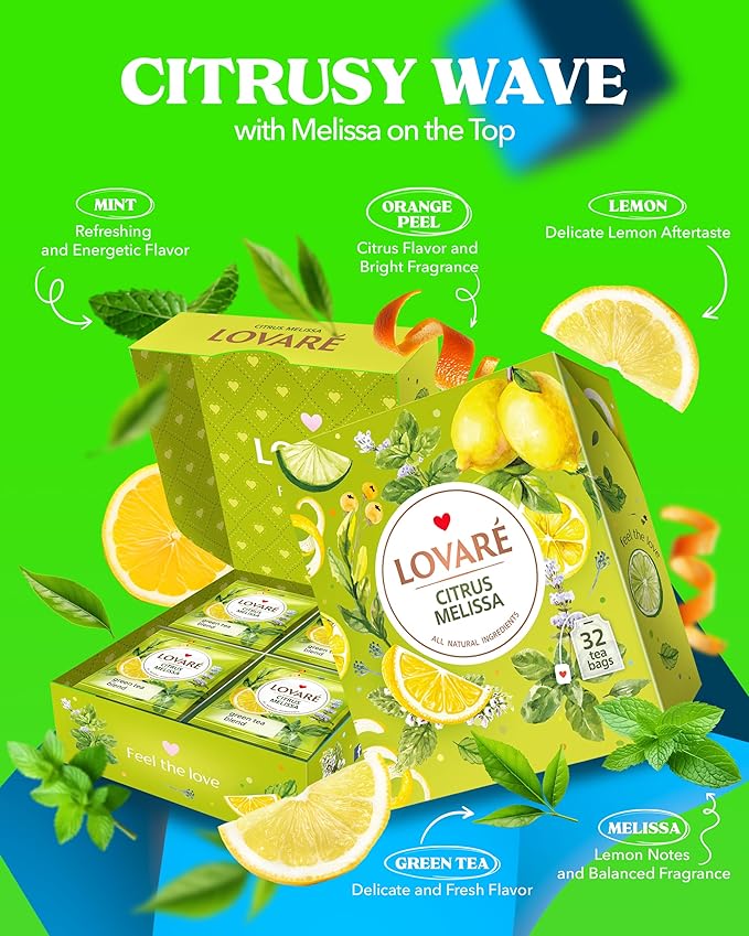 LOVARE Citrus Melissa Tea Bags 48 g - Made in Ukraine - Green Tea, Mint, Melissa, Lemongrass, Orange Peel - Tea Bags Individually Wrapped - Gift Box Sets for Tea Lovers (32 Tea Bags x 1.5 g Each)