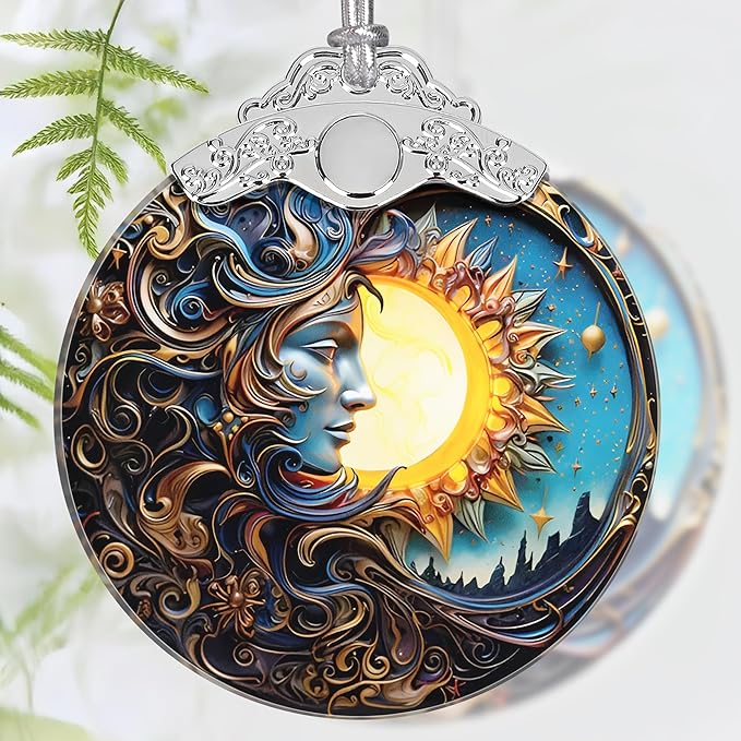 Christmas Ornament, 2025 Ornaments for Christmas Tree, Stained Glass Hanging Ornament, Holiday Ornaments, Unique Gift Idea - Sun and Moon Together