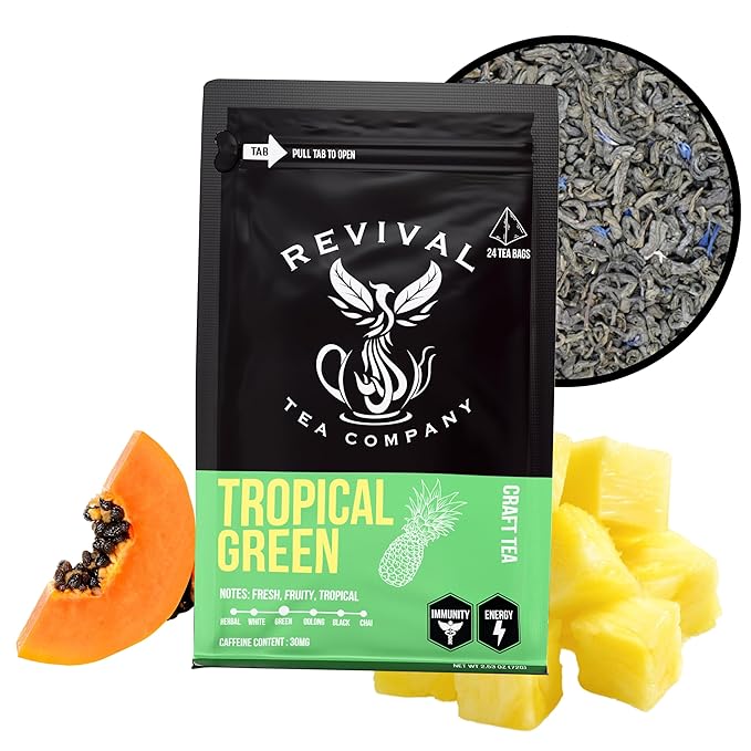 Revival Tea Company Tropical Green Tea - Green Tea Blend with Pineapple and Papaya Flavor - Loose Leaf 6 Ounces