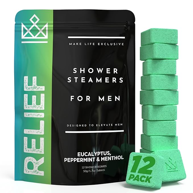 Shower Steamers for Men - Relief - Eucalyptus Peppermint Menthol - Organic Shower Bombs - 12 Pack Natural Relaxing Tablets - Strong Scented Long Lasting Aromatic Steamers - Better Breathe Clear Sinus