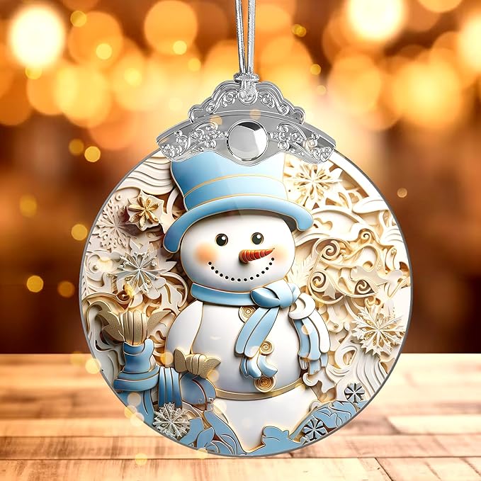 2025 Christmas Ornament, Stained Glass Effections, Christmas Tree 4 Inch Acrylic Ornament Art, White Elephant Gifts for Adults, Christmas Decorations (Blue hat Snowman)
