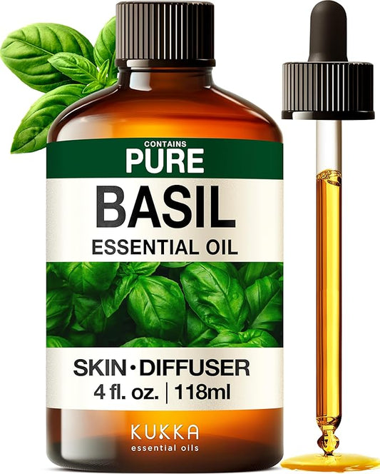 KUKKA Basil Essential Oils - 4 Fl Oz - for Hair, Skin, Diffuser, Aromatherapy & DIY Soap Making Scent