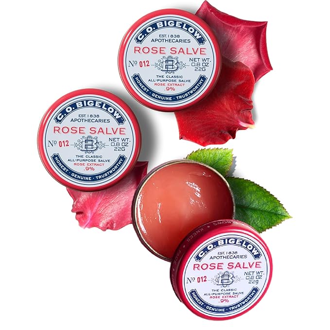 C.O. Bigelow Rose Salve Tins, Pack of 3 Lip Balm Tins, All Purpose Salve for Lips, Cuticles, Hands & Dry Skin, Lip Balm Set, 0.8 oz