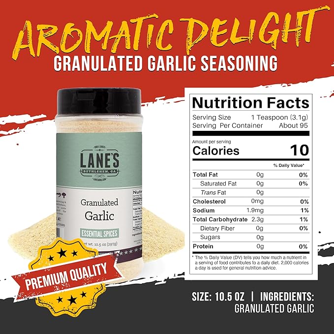 Lane's Granulated Garlic, All-Natural Granulated Garlic Powder, Perfect for Sauces and Dry Rubs Garlic Seasoning, Made in USA Garlic Granules, 10.5 Oz