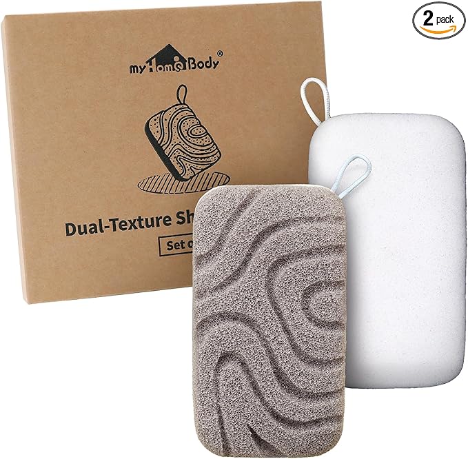 myHomeBody Dual-Texture Shower Sponge, Beauty Body Scrubber Exfoliator for Women, Exfoliating Loofah for Men, 2pc