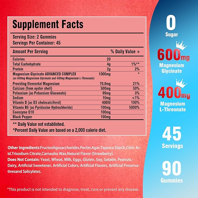 Magnesium Glycinate Gummies for Adults & Kids, 1000mg High Absorption Magnesium Complex Supplement, Sugar Free with Potassium,Vitamins for Calm, Sleep Supprt, Stress Relief, 180 Counts, Strawberry