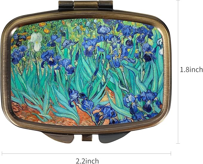 Dynippy Pill Case Pill Box with Mirror Retro Pocket 2 Compartment Medicine Case Vitamin Pill Organizer for Pocket Purse and Travel (A-Van Gogh Irises)
