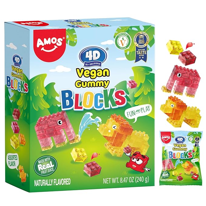 AMOS 4D Vegan Gummy Blocks Candy – Assorted Fruit Flavors, Made with Real Juice, Fun-to-Build Edible Blocks, Fat-Free, 8.47oz (240g)