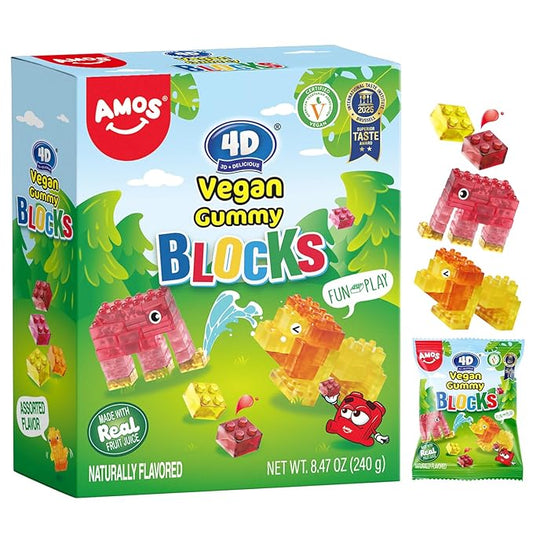 AMOS 4D Vegan Gummy Blocks Candy – Assorted Fruit Flavors, Made with Real Juice, Fun-to-Build Edible Blocks, Fat-Free, 8.47oz (240g)