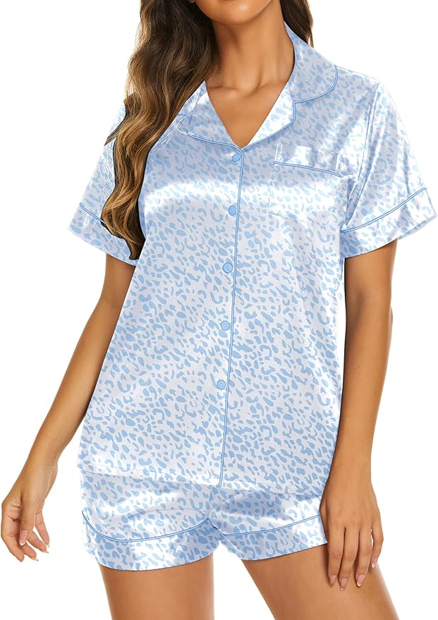 Ekouaer Silk Pajamas for Women Short Sleeve Sleepwear Soft Button Down Loungewear 2 Piece Satin Pjs Shorts Set S-XXL