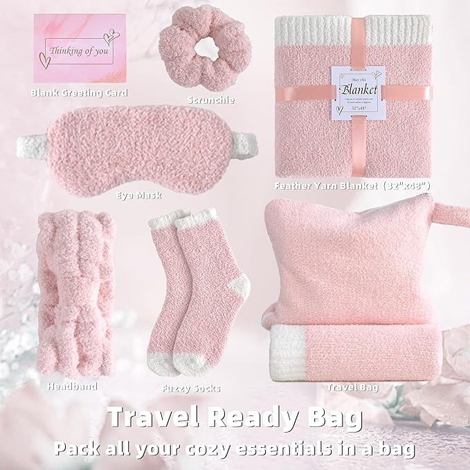 JOOJA Birthday Cozy Thinking of You Get Well Soon Gift Basket Care Package with Blanket, Fuzzy Socks, Eye Mask, Headband Cozy Essentials - Pink