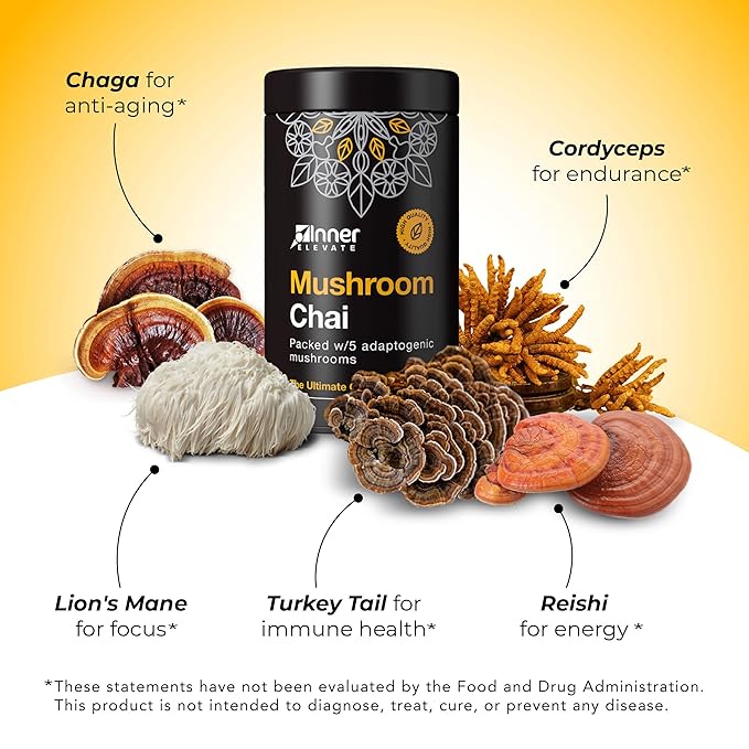 Inner Elevate Superfood Mushroom Chai - Ultimate Coffee Alternative - Adaptogenic Mushroom Tea Drink with Lion's Mane, Cordyceps, Chaga, Reishi, Turkey Tail (35 Servings)