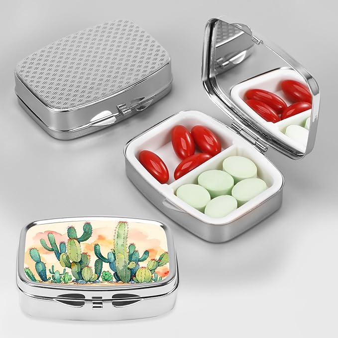 Dynippy Pill Case Pill Box with Mirror Retro Pocket 2 Compartment Medicine Case Vitamin Pill Organizer for Pocket Purse and Travel (Silver- Cactus Pattern)