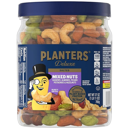 PLANTERS Deluxe Mixed Nuts, Cashews, Almonds, Pecans, Pistachios, Hazelnuts, Roasted with Sea Salt, Party Snacks, Plant-Based Protein Nut Mix, Snacks for Adults, After School Snack Mix, 27oz