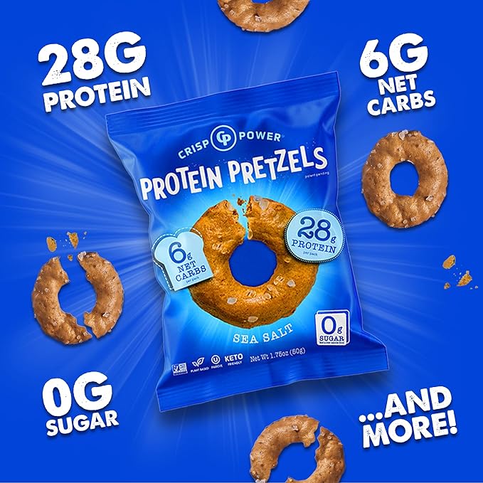 Crisp Power Protein Pretzels, Sea Salt, High Protein Vegan Keto Snack, 28 G Plant Based Protein, Low Carb Crunchy Pretzel Snacks, Sugar Free, No Seed Oils, 1.75 oz Bags, 24 Pack