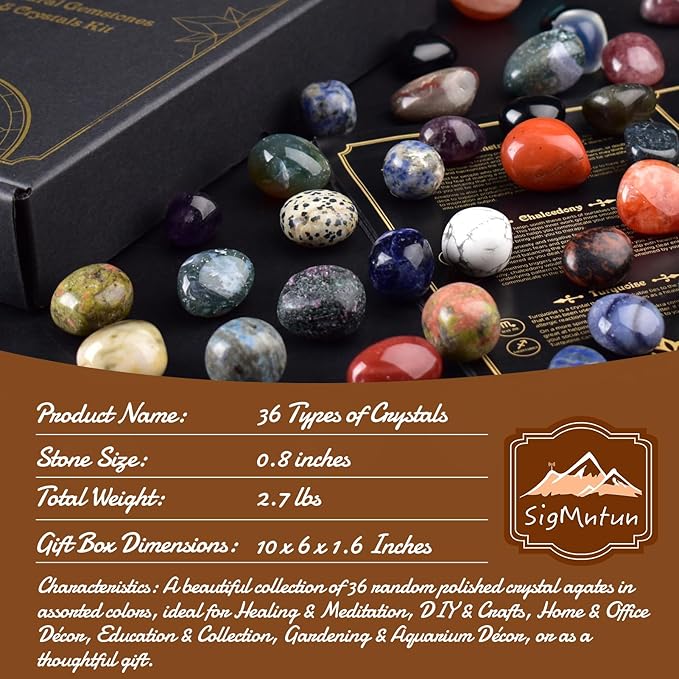 Polished Healing Crystal Stones Set – 36 Different Natural Gemstone Types, 2.5 lbs of 0.8" Tumbled Decorative Rocks for Chakra, Meditation, Reiki, Energy Work, Crafts, Gifts